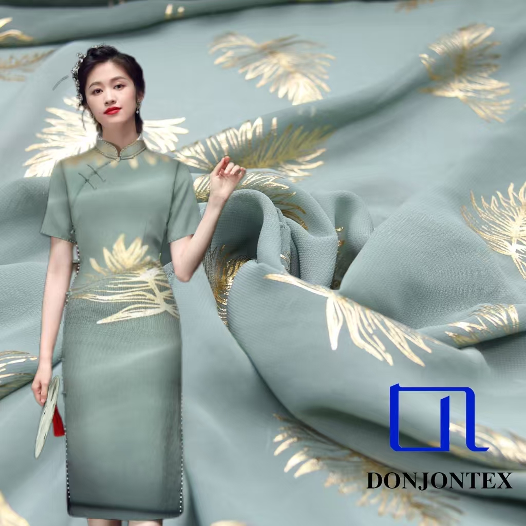 New Design 75D Chiffon Leaf Lightweight Breathable Green Gold Print China Chic Satin Fabric for Women Dress