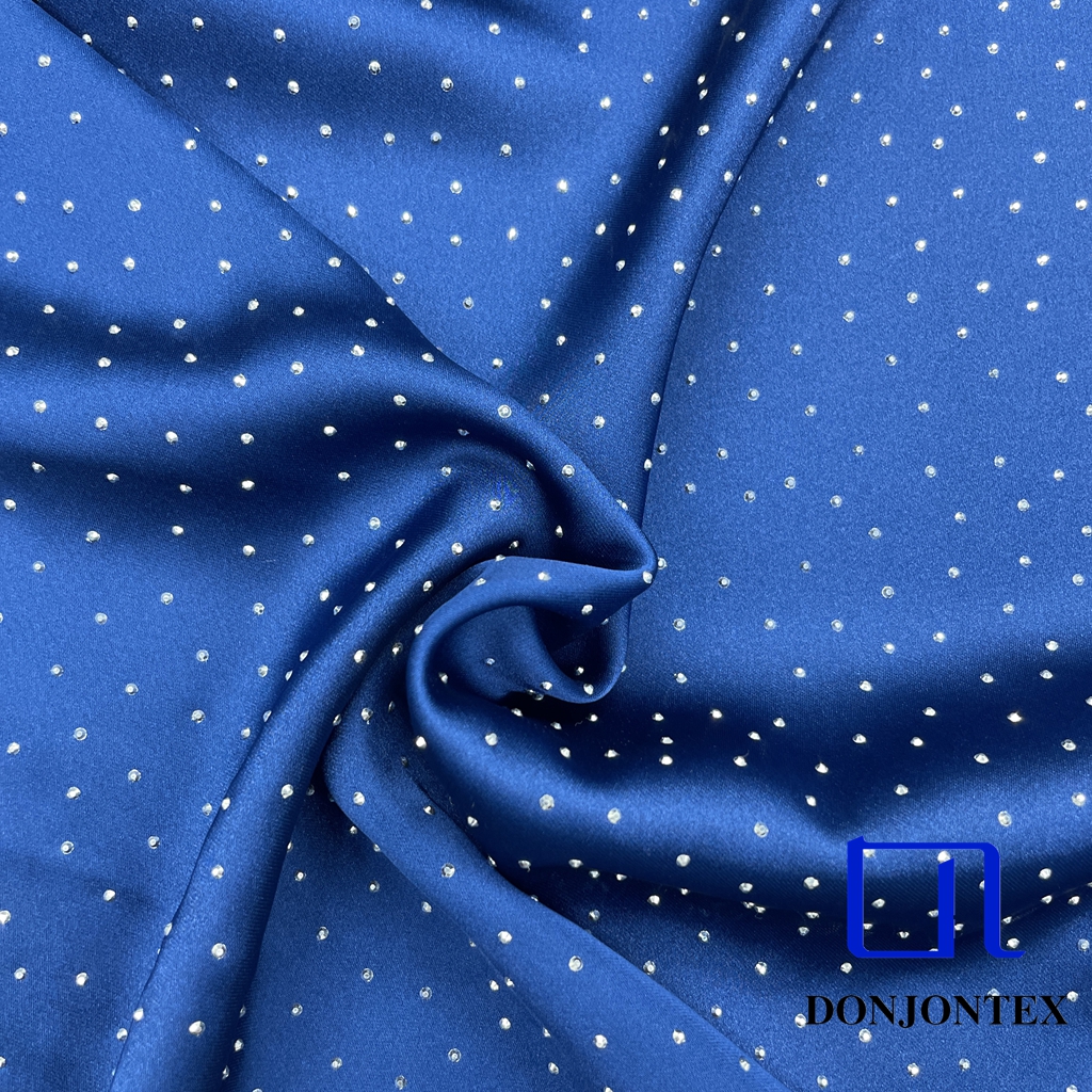 Premium Quality Hot-pressing Rhinestone Shiny Silk-like Spandex Polyester Satin Fabric for Party Dress Nightwear and Blouse